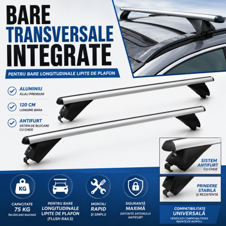 NOUTATI IN STOC - Bare transversale integrate aluminiu 120 cm cu antifurt pentru bare longitudinale lipite de plafon