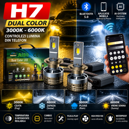 NOUTATI IN STOC - Becuri LED H7 Faruri Auto Dual Color 3000K-6000K Bluetooth Canbus 12V