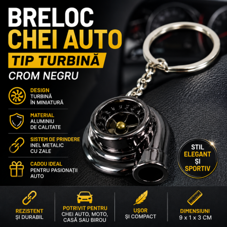 Brelocuri Auto Metalice Chei - Breloc chei auto metalic tip turbina crom negru