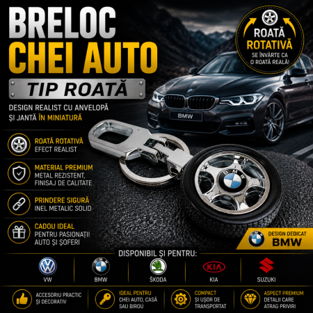 Brelocuri Auto Metalice Chei - Breloc chei auto tip roata rotativa cu anvelopa si logo auto metalic