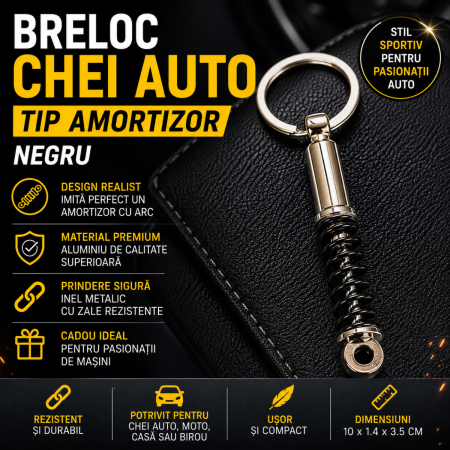 Brelocuri Auto Metalice Chei - Breloc chei auto metalic tip amortizor negru cu arc