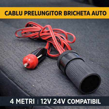 Bricheta Auto - Cablu prelungitor bricheta auto 4m 12V 24V extensie priza auto pentru alimentare dispozitive