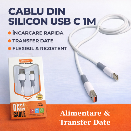 Cabluri Alimentare Date Telefon - Cablu silicon USB C 1m alimentare si transfer date pentru telefon