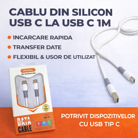Cabluri Alimentare Date Telefon - Cablu silicon USB C la USB C 1m alimentare si transfer date telefon