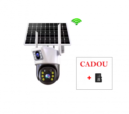 Camera Supraveghere WiFi cu Lentila Duala, Panou Solar, Alarma Miscare, Microfon, Viziune Nocturna V380 + CADOU Card MicroSD [0]