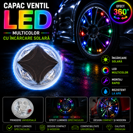 Accesorii Vulcanizare Auto - Capac ventil LED roata auto RGB cu incarcare solara, efect luminos 360°