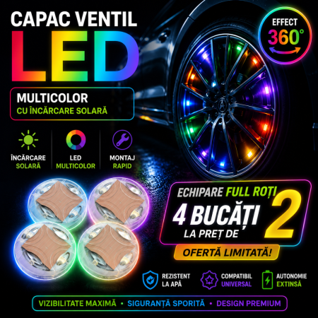Ornamente Auto - Capace Ventil LED Auto RGB cu Efect Luminos si Incarcare Solara Set 4