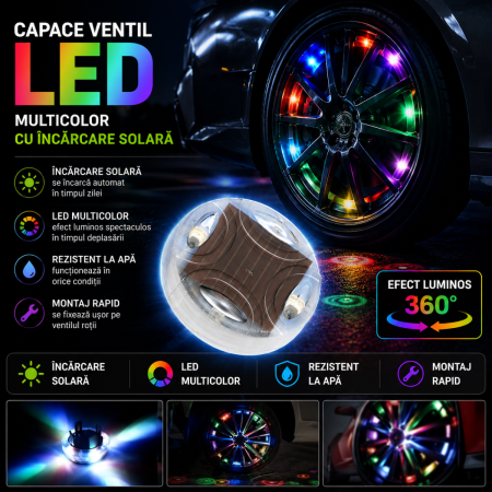 ILUMINARE AUTO - Capace ventil LED roti auto multicolor cu incarcare solara