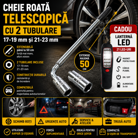 Scule si Chei Auto - Cheie roata telescopica cu tubulare 17-19 si 21-23mm + lanterna LED cadou