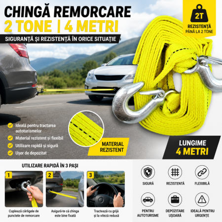 Chinga / Cablu Tractiune - Chinga remorcare auto 2 tone 4 m rezistenta pentru tractare autoturisme