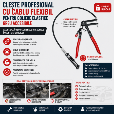 Scule si Chei Auto - Cleste profesional cu cablu flexibil pentru coliere furtun auto 18-54mm