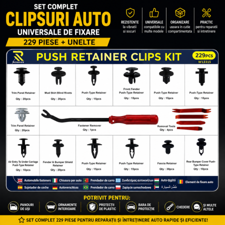 Cleme Fixare / Dibluri / Conectori Auto - Clipsuri auto de fixare tip cleme universale 229 piese cu unelte