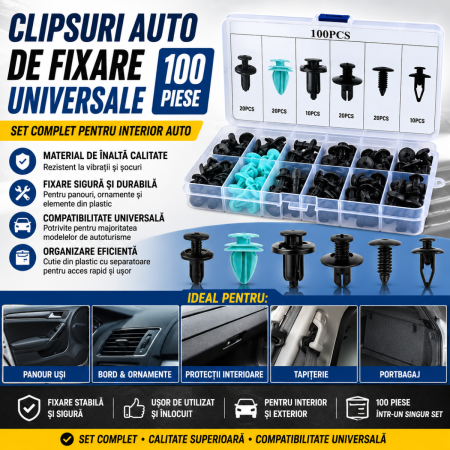 Cleme Fixare / Dibluri / Conectori Auto - Clipsuri auto de fixare universale 100 piese set cleme prindere plastic auto