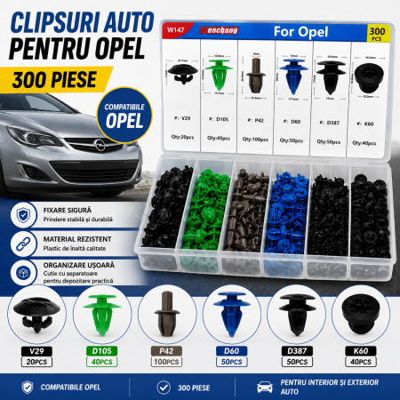 Cleme Fixare / Dibluri / Conectori Auto - Clipsuri auto fixare compatibile Opel 300 piese cleme prindere plastic