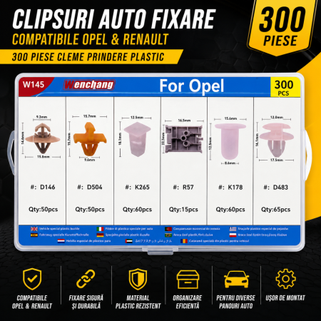 Cleme Fixare / Dibluri / Conectori Auto - Clipsuri auto fixare compatibile Opel Renault 300 piese cleme prindere plastic