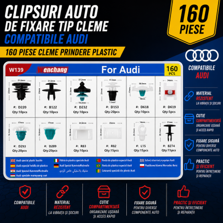 Cleme Fixare / Dibluri / Conectori Auto - Clipsuri auto fixare tip cleme compatibile Audi 160 piese prindere plastic auto