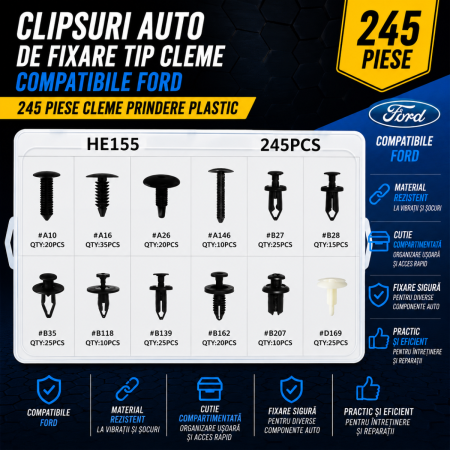 Cleme Fixare / Dibluri / Conectori Auto - Clipsuri auto fixare tip cleme compatibile Ford 245 piese prindere plastic auto