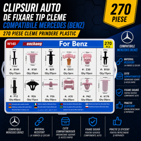 Cleme Fixare / Dibluri / Conectori Auto - Clipsuri auto fixare tip cleme compatibile Mercedes 270 piese prindere plastic auto