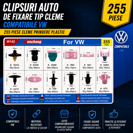 Cleme Fixare / Dibluri / Conectori Auto - Clipsuri auto fixare tip cleme compatibile VW 255 piese prindere plastic auto