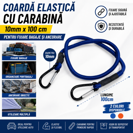 Chinga / Cablu Tractiune - Coarda elastica cu carabina 10mm x 100 cm pentru fixare bagaje si ancorare