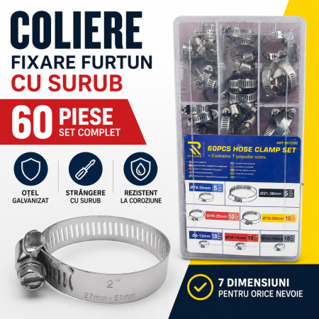 Elemente Fixare Furtun - Coliere fixare furtun cu surub 60 piese set coliere metalice galvanizate