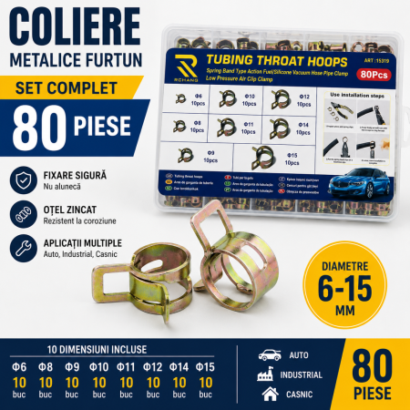 Elemente Fixare Furtun - Coliere metalice furtun 6-15 mm set 80 piese reglaj fixare furtun auto