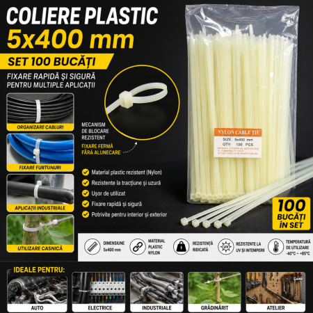 Coliere din Plastic - Coliere plastic 5x400 mm set 100 buc negre pentru prindere si organizare cabluri