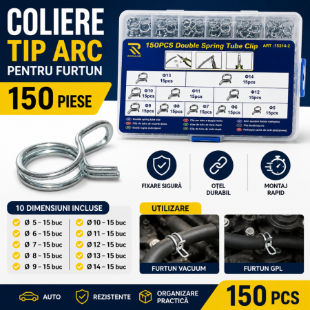 Elemente Fixare Furtun - Coliere tip arc pentru furtun 150 piese set coliere metalice vacuum si GPL
