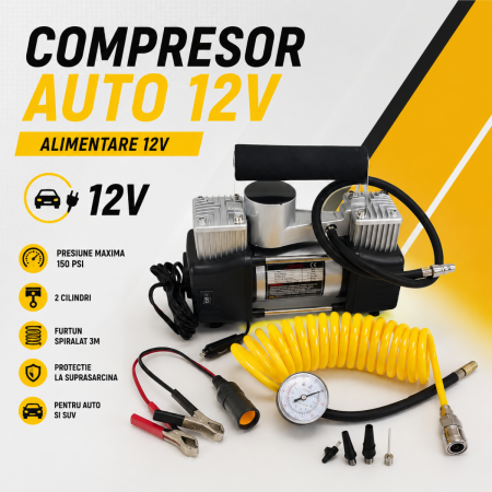 Compresoare Auto - Compresor Auto 12V, 2 Cilindri, 150 PSI cu Furtun Spiralat 3m pentru Auto si SUV