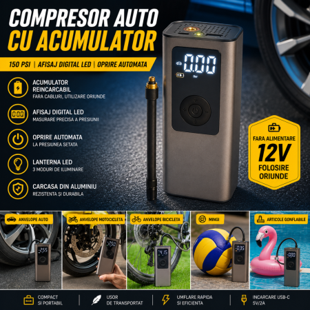 ELECTRONICE AUTO - Compresor Auto cu Acumulator 150 PSI, Afisaj Digital LED, Oprire Automata