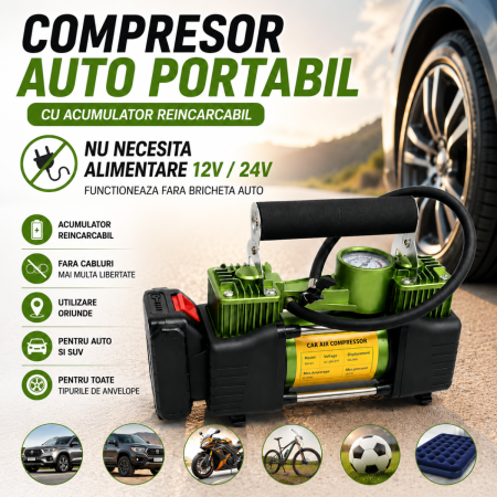 Compresoare Auto - Compresor Auto Portabil cu Acumulator 150 PSI, 2 Cilindri, Fara Cablu pentru Auto si SUV