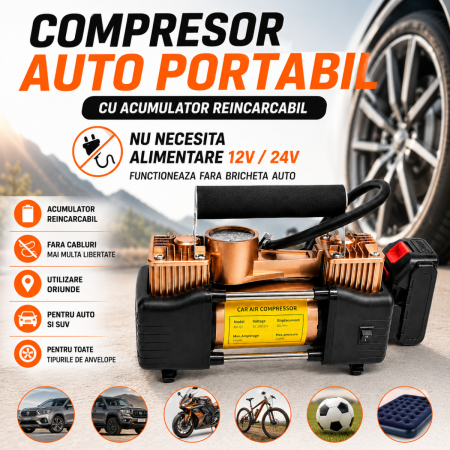 Compresoare Auto - Compresor auto cu acumulator 150 PSI, 2 cilindri, portabil