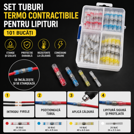 Cleme Fixare / Dibluri / Conectori Auto - Conectori termocontractabili cu cositor 101 piese pentru lipire si etansare fire auto