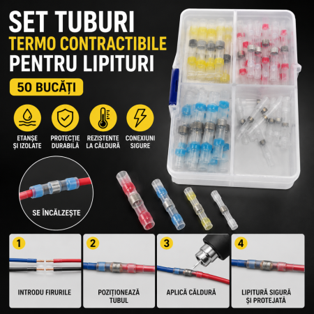 Cleme Fixare / Dibluri / Conectori Auto - Conectori termocontractabili cu cositor 50 piese pentru lipire si etansare fire auto