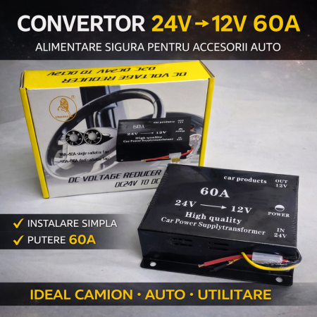 Convertoare auto - Convertor tensiune 24V 12V 60A auto camion reductor transformator