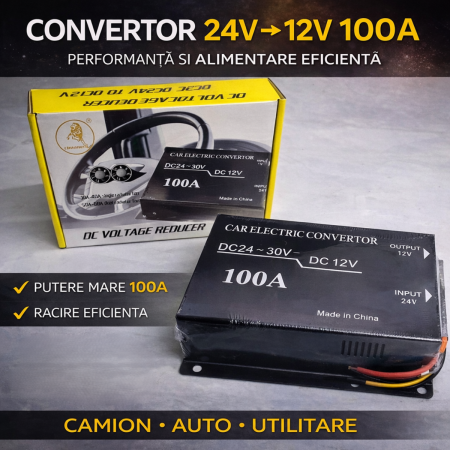 Convertoare auto - Convertor tensiune 24V la 12V 100A auto camion DC 24-30V reducer stabil