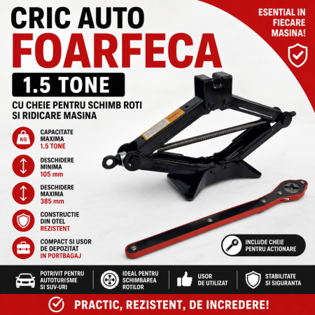SERVICE & INTRETINERE AUTO - Cric auto foarfeca 1.5 tone cu cheie pentru schimb roti si ridicare masina