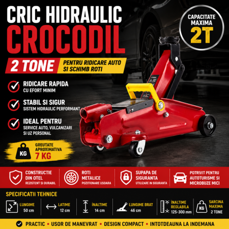 Cric Auto - Cric hidraulic crocodil 2T cu roti pentru ridicare auto si schimb roti
