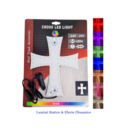 Cruce iluminata 7 culori RGB, cu efecte dinamice si lumini statice 12-24V Ornamente Auto - Cruce iluminata 7 culori RGB, cu efecte dinamice si lumini statice 12-24V