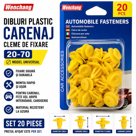 Cleme Fixare / Dibluri / Conectori Auto - Dibluri plastic carenaj 20-70 set 20 cleme fixare auto universale