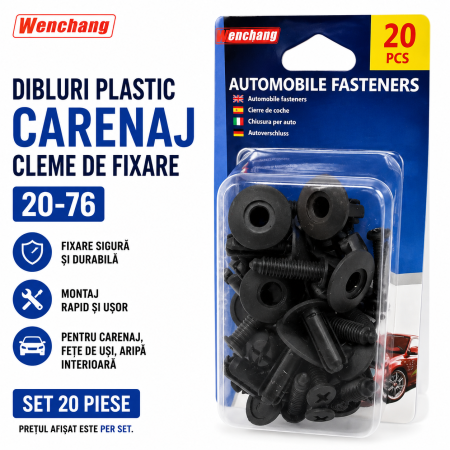 Cleme Fixare / Dibluri / Conectori Auto - Dibluri plastic carenaj 20-76 set 20 cleme fixare pentru auto