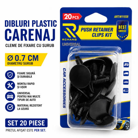 Cleme Fixare / Dibluri / Conectori Auto - Dibluri plastic carenaj cu surub Ø7mm set 20 cleme fixare auto
