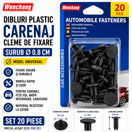 Cleme Fixare / Dibluri / Conectori Auto - Dibluri plastic carenaj cu surub Ø8mm set 20 cleme fixare auto