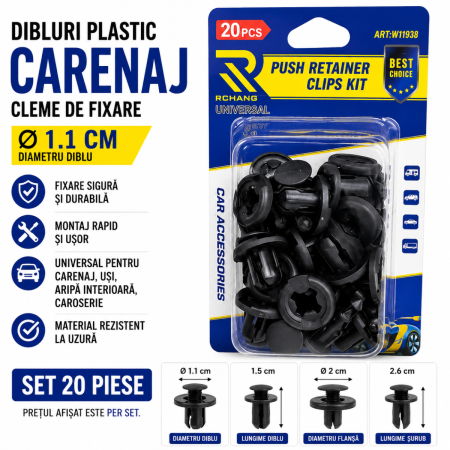 Cleme Fixare / Dibluri / Conectori Auto - Dibluri plastic carenaj Ø11mm set 20 cleme fixare auto universale