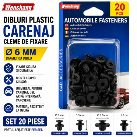 Cleme Fixare / Dibluri / Conectori Auto - Dibluri plastic carenaj Ø6mm set 20 cleme fixare auto universale