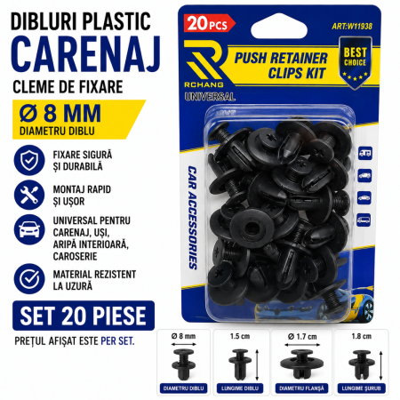 Cleme Fixare / Dibluri / Conectori Auto - Dibluri plastic carenaj Ø8mm set 20 cleme fixare auto universale