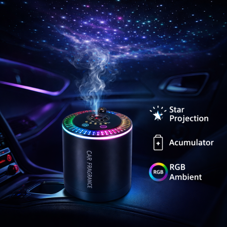 Odorizante Auto - Difuzor Aromaterapie Auto cu Acumulator – Lumini Ambientale RGB & Proiecție Stele Plafon, Parfum Inclus