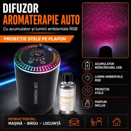 Odorizante Auto - Difuzor aromaterapie auto cu acumulator, lumini ambientale RGB si proiectie stele plafon