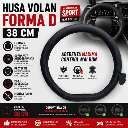 Huse Volan din Piele Ecologica - Husa volan forma D 38 cm piele ecologica antiderapanta pentru volan sport