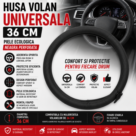 Huse Volan din Piele Ecologica - Husa volan universala 36 cm piele ecologica neagra perforata